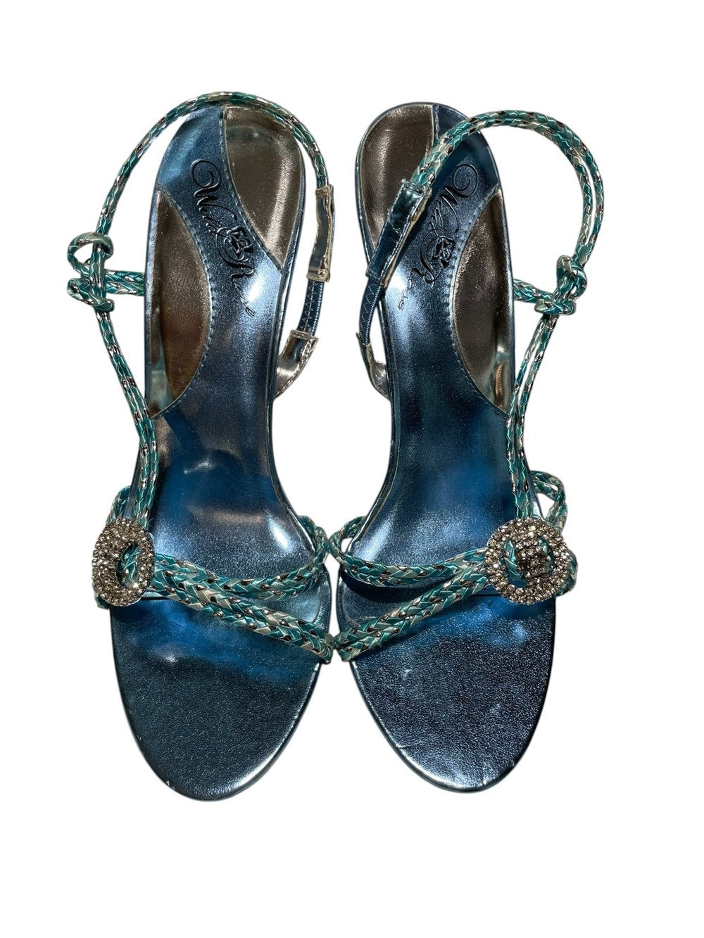 Wild Rose Teal Blue Braided Slingback Heeled Sandals Crystals Metallic Size 8.5
